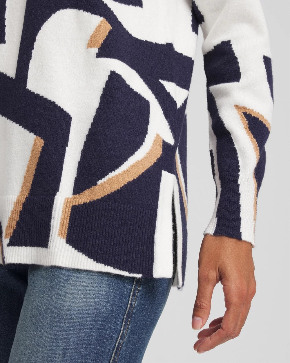 Chico's Geo Intarsia V-Neck Tunic Passport Blue