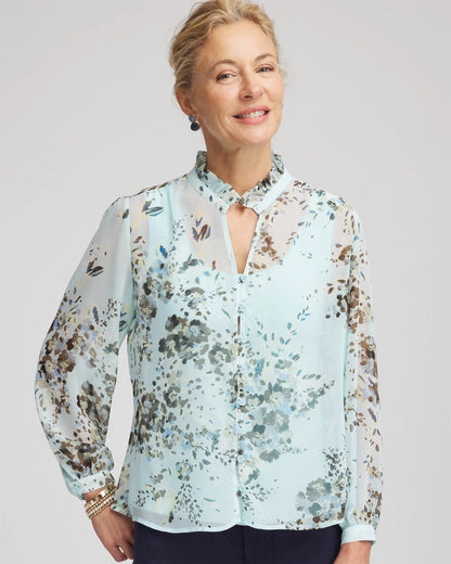 Chico's Floral Georgette Peasant Blouse Blue Menthe