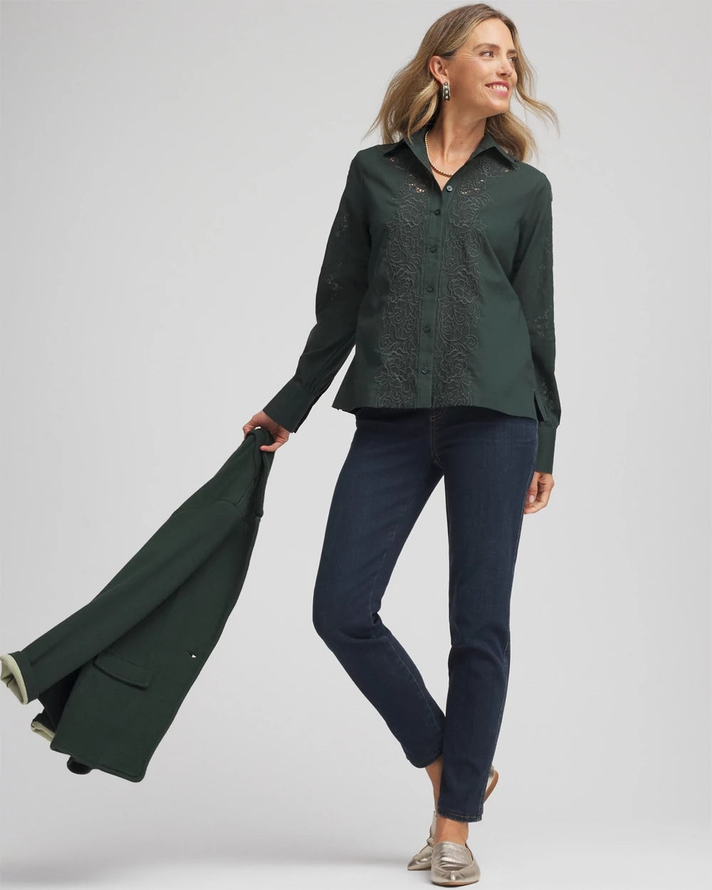 Chico's Lace Cotton Voile Shirt Darkest Spruce