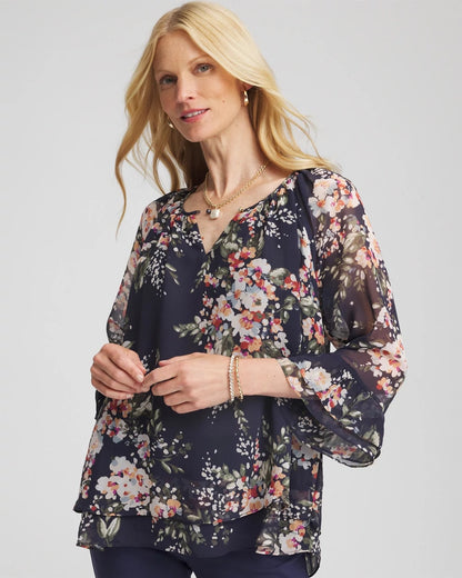 Chico's Floral Georgette Blouse Passport Blue