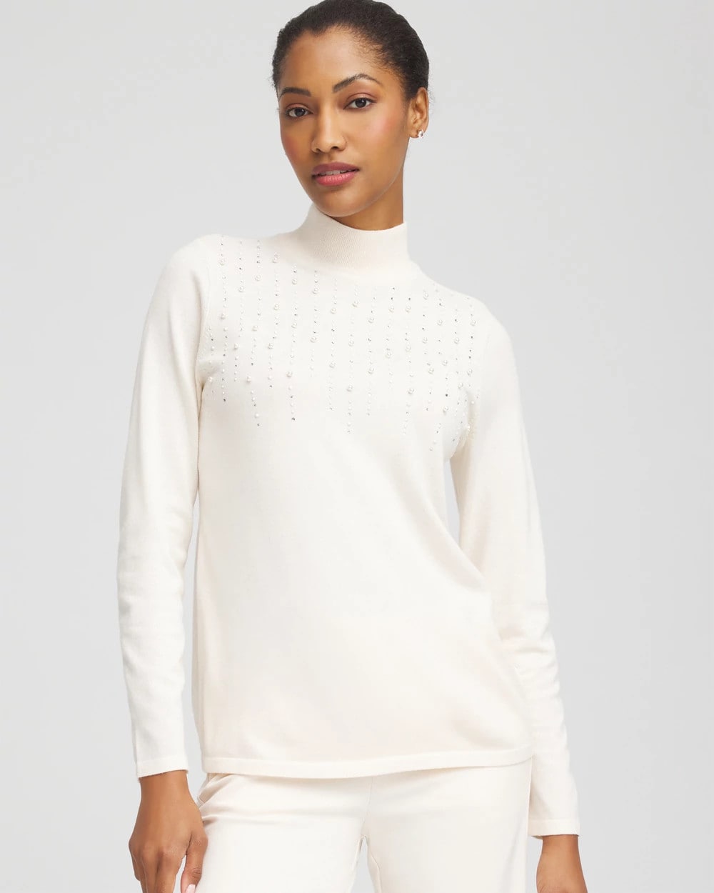 Chico's Ella Embellished Mockneck Sweater English Cream
