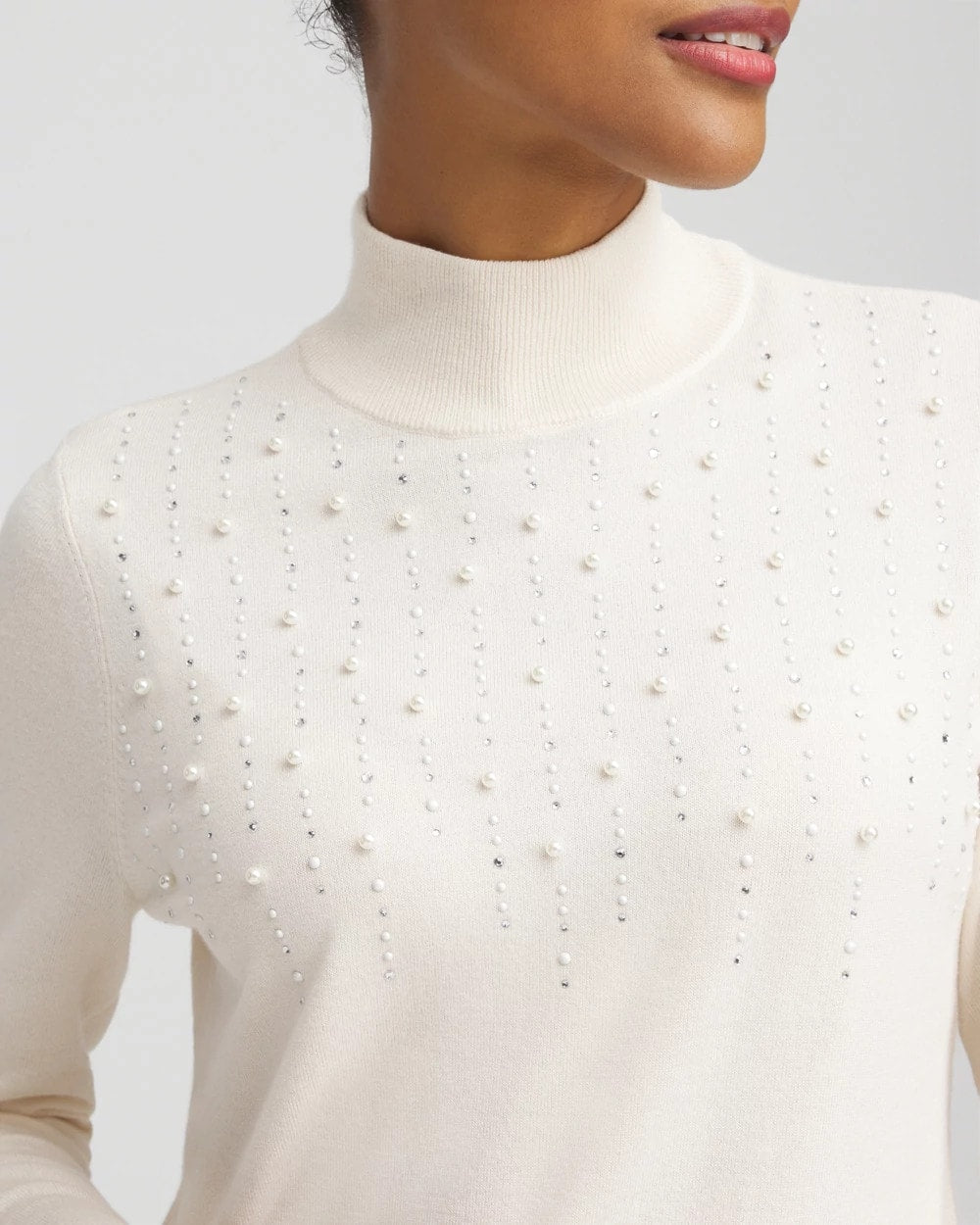 Chico's Ella Embellished Mockneck Sweater English Cream