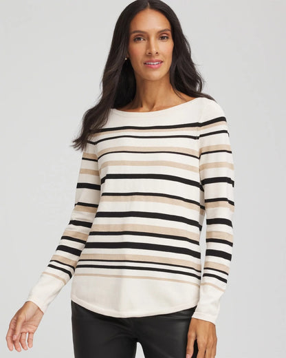 Chico's Ella Stripe Boatneck Sweater English Cream