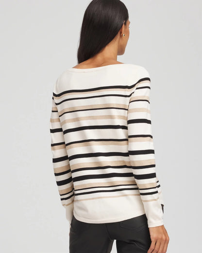 Chico's Ella Stripe Boatneck Sweater English Cream