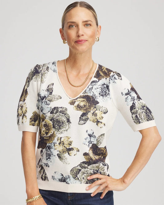 Chico's Floral V-Neck Sweater Tee English Cream