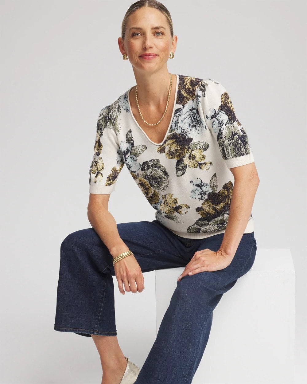 Chico's Floral V-Neck Sweater Tee English Cream