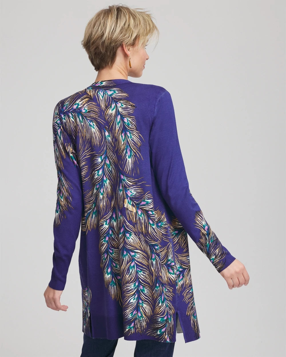 Chico's Ella Peacock-Print Cardigan Sweater Dark Cobalt