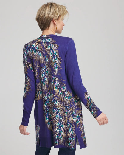 Chico's Ella Peacock-Print Cardigan Sweater Dark Cobalt