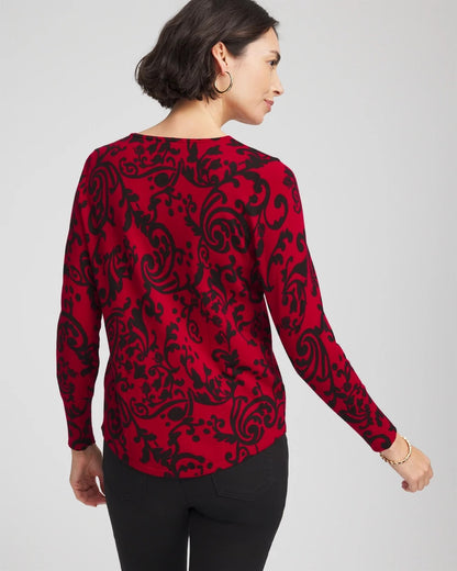 Chico's Ella Printed V-Neck Sweater Carmine Red