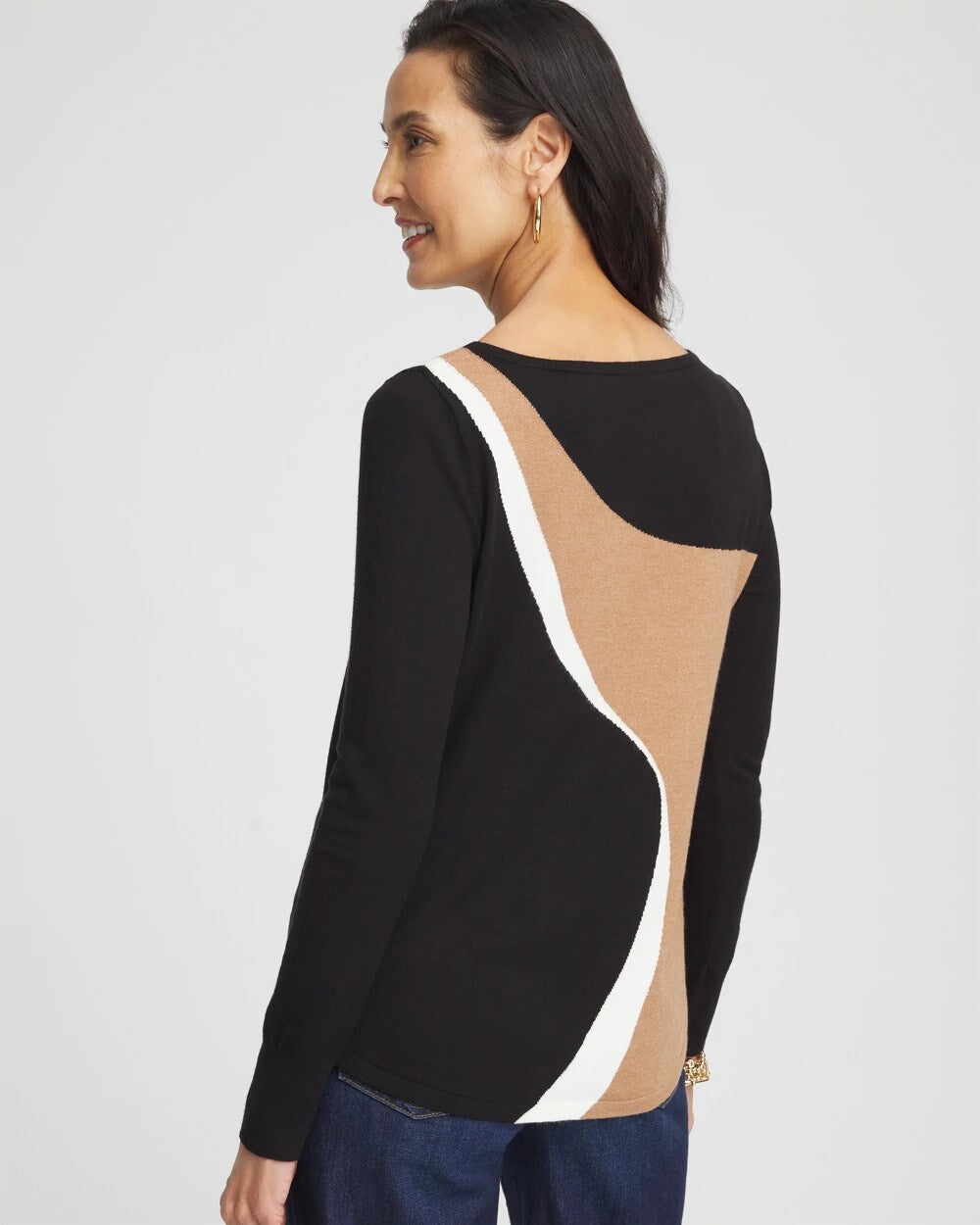 Chico's Intarsia Colorblock Bateau Neck Sweater Black