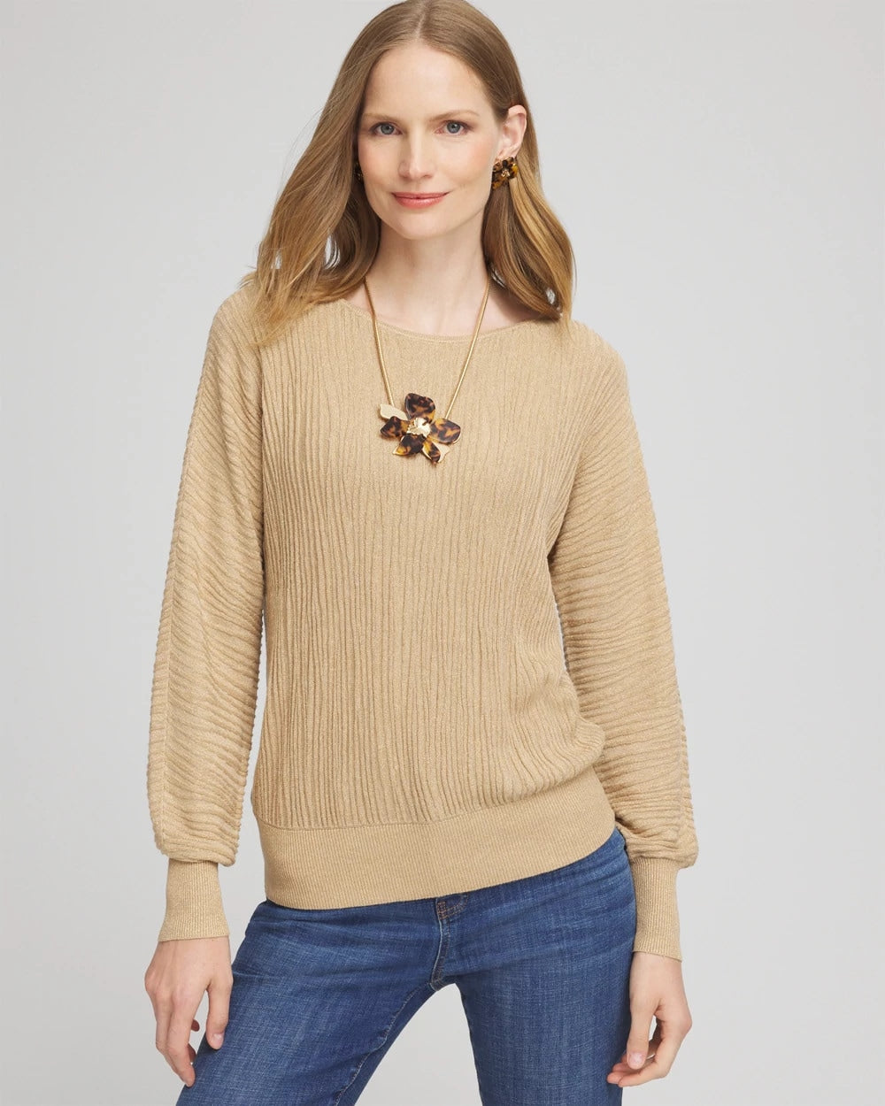 Chico's Textured Zebra Print Dolman Sleeve Sweater New Camel Heather