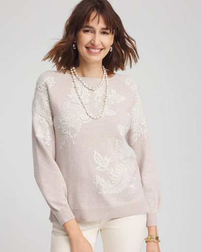 Chico's Embroidered Boatneck Sweater Helium