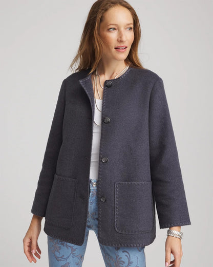 Chico's Wool Scarf Jacket Dark Denim Heather