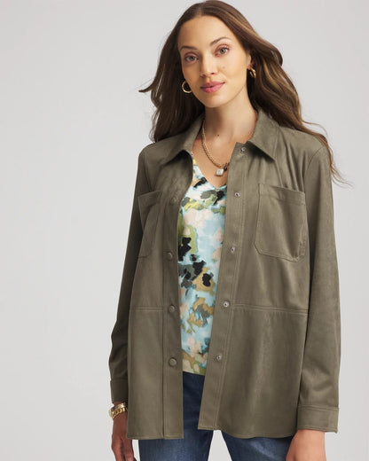 Chico's Suede Collared Long-Sleeved Shacket Nettle Leaf